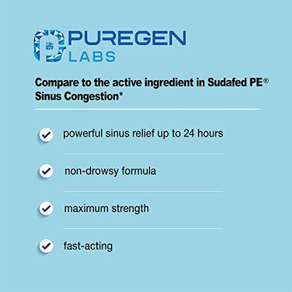 Puregen Labs Nasal Decongestant PE 100 Tablets | Phenylephrine HCl 10 mg Tablets | Maximum Strength | Non Drowsy Nasal & Sinus Congestion Relief Due to Cold or Allergies (1)