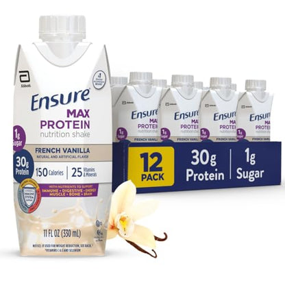 Ensure Max Protein Shake | French Vanilla | Meal Supplement Shake | Ready to Drink | 30g Protein for Muscle Building | 1g Sugar, 4g Fiber | 11 fl oz - 12 Pack