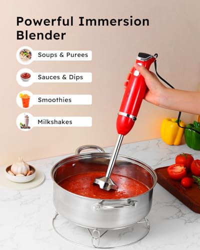 Sangcon Immersion Blender Handheld, 3-in-1 Hand Blender Electric, 400W Handheld Blender, Stainless Steel Blade Stick Blender with Whisk, Milk Frother Attachments - Red