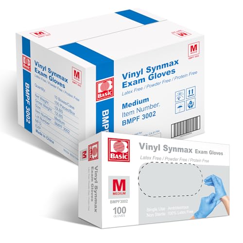 Basic Medical Synmax Vinyl Exam Gloves - Latex-Free & Powder-Free Disposable Glove - Medium, BMPF-3002(1000 Pcs)