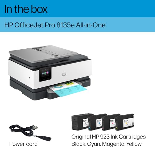 HP OfficeJet Pro 8135e Wireless All-in-One Color Inkjet Printer, Print, Scan, Copy, Fax, ADF, Duplex Printing, Best-for-Home Office, 3 Months of Ink Included (40Q35A)