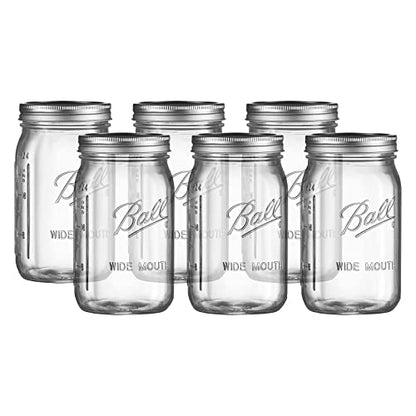 Ball Wide Mouth Glass Mason Jars with Lids and Bands, Used for Canning, Pickling, Juice, Jam, Jelly, Quart Size 32 Ounce (Pack of 6)