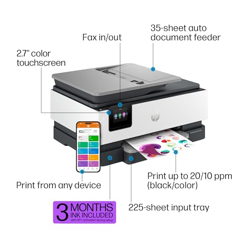 HP OfficeJet Pro 8135e Wireless All-in-One Color Inkjet Printer, Print, Scan, Copy, Fax, ADF, Duplex Printing, Best-for-Home Office, 3 Months of Ink Included (40Q35A)