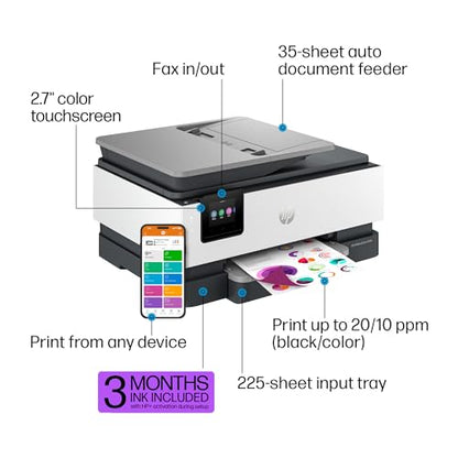 HP OfficeJet Pro 8135e Wireless All-in-One Color Inkjet Printer, Print, Scan, Copy, Fax, ADF, Duplex Printing, Best-for-Home Office, 3 Months of Ink Included (40Q35A)