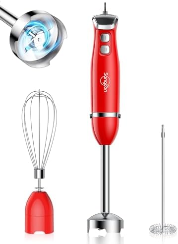 Sangcon Immersion Blender Handheld, 3-in-1 Hand Blender Electric, 400W Handheld Blender, Stainless Steel Blade Stick Blender with Whisk, Milk Frother Attachments - Red