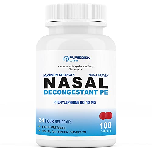 Puregen Labs Nasal Decongestant PE 100 Tablets | Phenylephrine HCl 10 mg Tablets | Maximum Strength | Non Drowsy Nasal & Sinus Congestion Relief Due to Cold or Allergies (1)