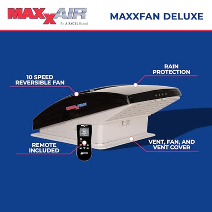 MAXXAIR Maxxfan Deluxe Vent, Fan and Vent Cover All in One - Powerful 10-Speed Reversible Fan with Thermostat, Built-in Rain Cover, Remote Control, Intake & Exhaust Fan, Smoke (00-07500K)