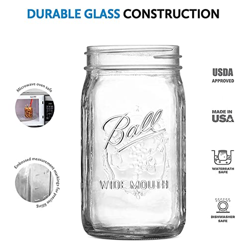 Ball Wide Mouth Glass Mason Jars with Lids and Bands, Used for Canning, Pickling, Juice, Jam, Jelly, Quart Size 32 Ounce (Pack of 6)