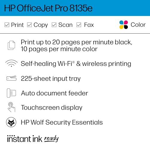 HP OfficeJet Pro 8135e Wireless All-in-One Color Inkjet Printer, Print, Scan, Copy, Fax, ADF, Duplex Printing, Best-for-Home Office, 3 Months of Ink Included (40Q35A)