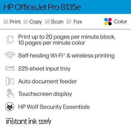 HP OfficeJet Pro 8135e Wireless All-in-One Color Inkjet Printer, Print, Scan, Copy, Fax, ADF, Duplex Printing, Best-for-Home Office, 3 Months of Ink Included (40Q35A)