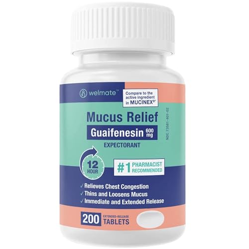 WELMATE | Mucus Relief | Guaifenesin 600mg | 12 Hr Support | Temporary Relief from Cough, Nasal & Chest Congestion, Infections, Colds, & Allergies | Expectorant | Extended-Release Tablets | 200 Ct