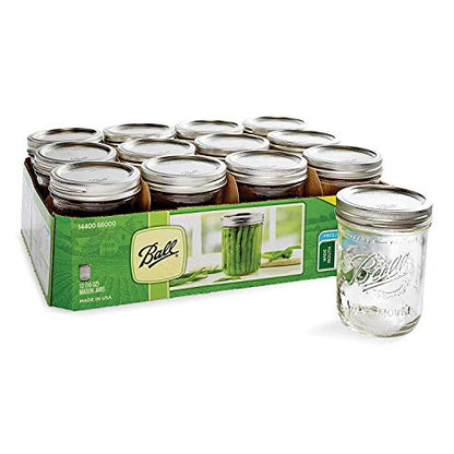 Ball Wide Mouth Pint 16-Ounce Glass Mason Jar with Lids and Bands, 12-Count