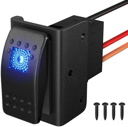 DaierTek Marine Boat Rocker Switch 12V, Lighted Blue LED Waterproof Rocker Switch 12 Volt for UTV RZR SPST 3 Pin ON/Off 20A Heavy Duty with Night Glow Sticker