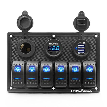 6 Gang Waterproof Rocker Switch Panel Blue LED Digital Display Voltmeter Dual 5V USB Charger Port DC 12V Socket, Illuminated Switches with 15A Fuse for RV Truck Car Marine Boat Vehicle