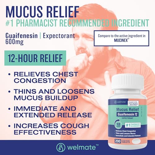 WELMATE | Mucus Relief | Guaifenesin 600mg | 12 Hr Support | Temporary Relief from Cough, Nasal & Chest Congestion, Infections, Colds, & Allergies | Expectorant | Extended-Release Tablets | 200 Ct