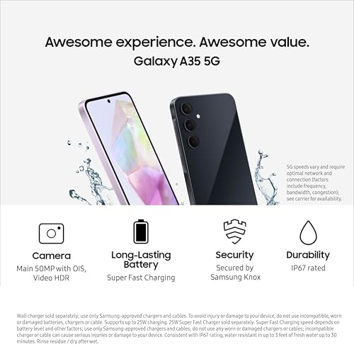 SAMSUNG Galaxy A35 5G A Series Cell Phone, 128GB Unlocked Android Smartphone, AMOLED Display, Advanced Triple Camera System, Expandable Storage, Rugged Design, US Version, 2024, Awesome Navy