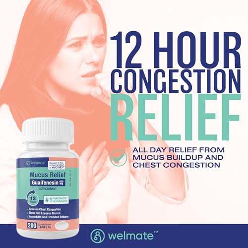 WELMATE | Mucus Relief | Guaifenesin 600mg | 12 Hr Support | Temporary Relief from Cough, Nasal & Chest Congestion, Infections, Colds, & Allergies | Expectorant | Extended-Release Tablets | 200 Ct