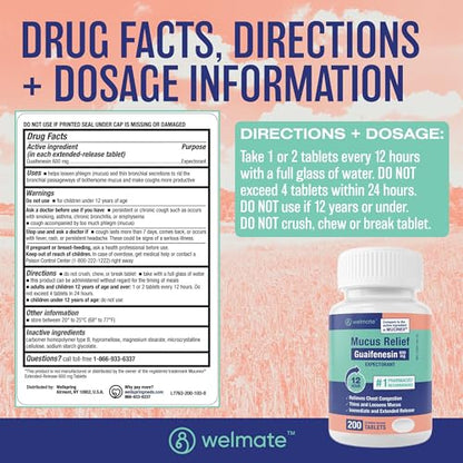 WELMATE | Mucus Relief | Guaifenesin 600mg | 12 Hr Support | Temporary Relief from Cough, Nasal & Chest Congestion, Infections, Colds, & Allergies | Expectorant | Extended-Release Tablets | 200 Ct