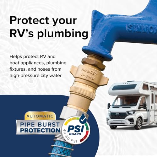 Camco Brass Marine / RV Water Pressure Regulator – Protects RV Kitchen Small Appliances, Plumbing & Hoses – Reduces RV Water Pressure to Safe & Consistent 40-50 PSI – Drinking Water Safe (40055)