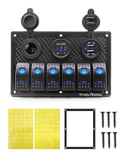 6 Gang Waterproof Rocker Switch Panel Blue LED Digital Display Voltmeter Dual 5V USB Charger Port DC 12V Socket, Illuminated Switches with 15A Fuse for RV Truck Car Marine Boat Vehicle