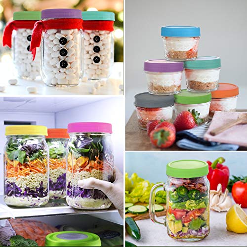 AOZITA [16 Pack] Colored Plastic Mason Jar Lids Fits Ball, Kerr & More - 8 Wide Mouth & 8 Regular Mouth - Storage Caps for Canning Jars, Dishwasher Safe & Food Grade & Leakproof