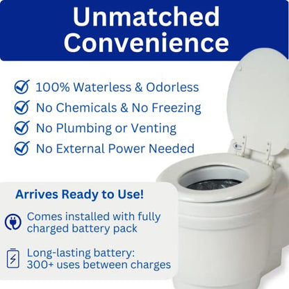 Dry Flush Toilet - Waterless, Portable, Self Contained. Great for Tiny Homes, Vans, Boats, Camping, RVs and Off Grid