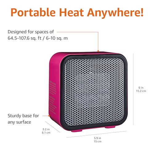 Amazon Basics Ceramic Space Heater, Mini Heater for Office Desk, Portable Tent Heater for Camping (Indoor Use), 500 W, With Tip-Over Protection, Lightweight (1.4 LBS), Pink, 5.8"D x 3.4"W x 6"H