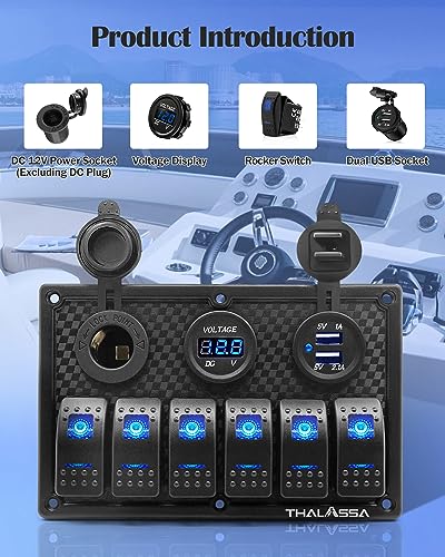 6 Gang Waterproof Rocker Switch Panel Blue LED Digital Display Voltmeter Dual 5V USB Charger Port DC 12V Socket, Illuminated Switches with 15A Fuse for RV Truck Car Marine Boat Vehicle