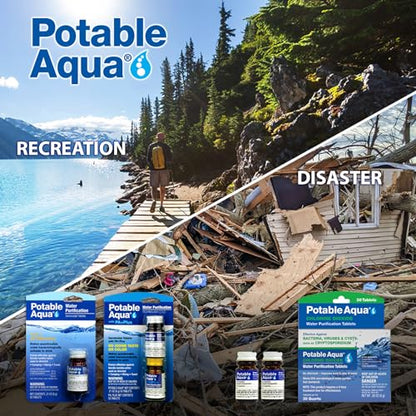 Potable Aqua Water Purification Tablets, Portable and Effective Water Purification Solution for Camping, Hiking, Emergencies, Natural Disasters and International Travel, Two 50ct Bottles, Blue